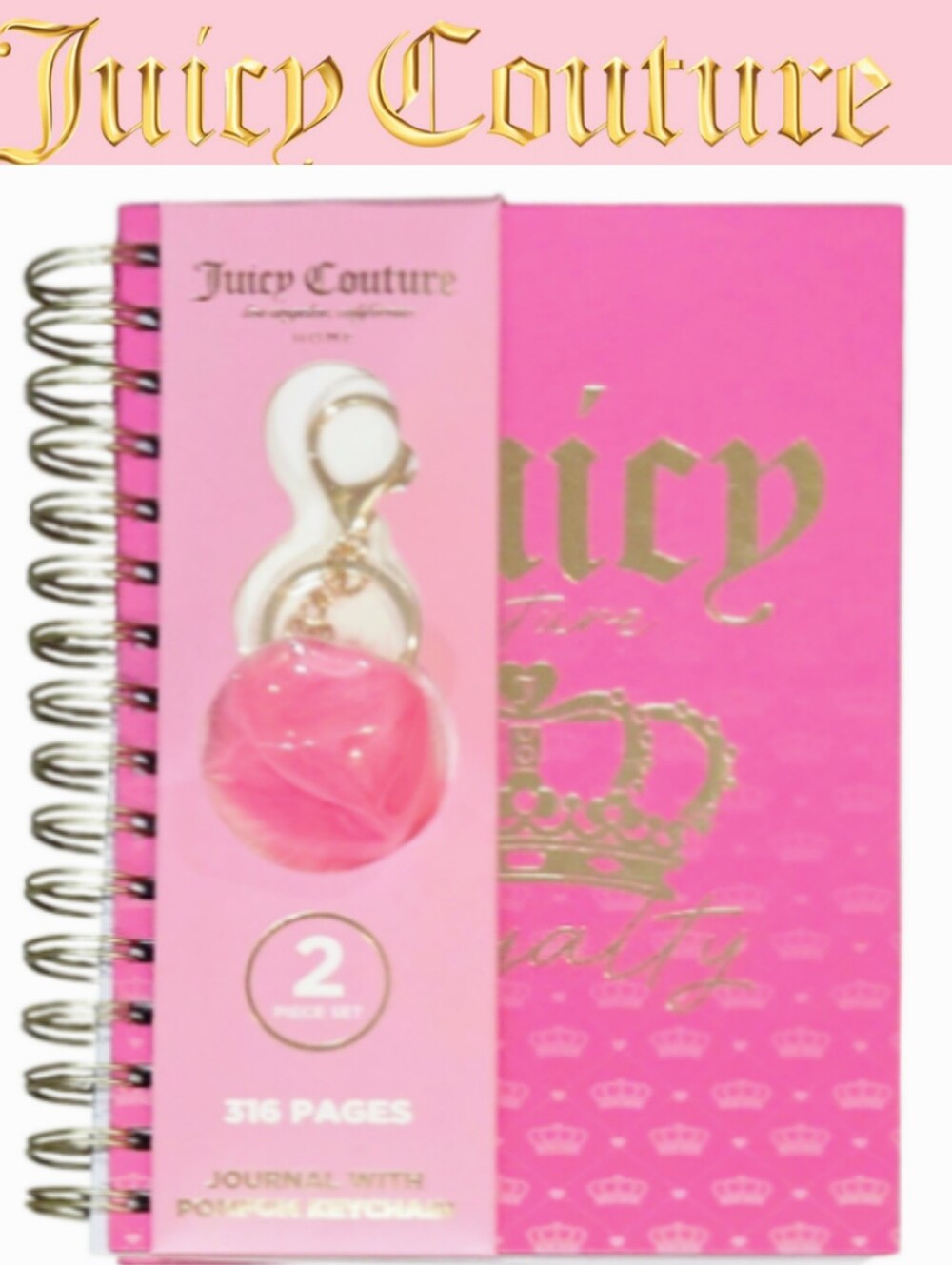 Juicy Couture Home Gold Foil Logo Crown Embossed Spiral Journal &PomPom Keychain